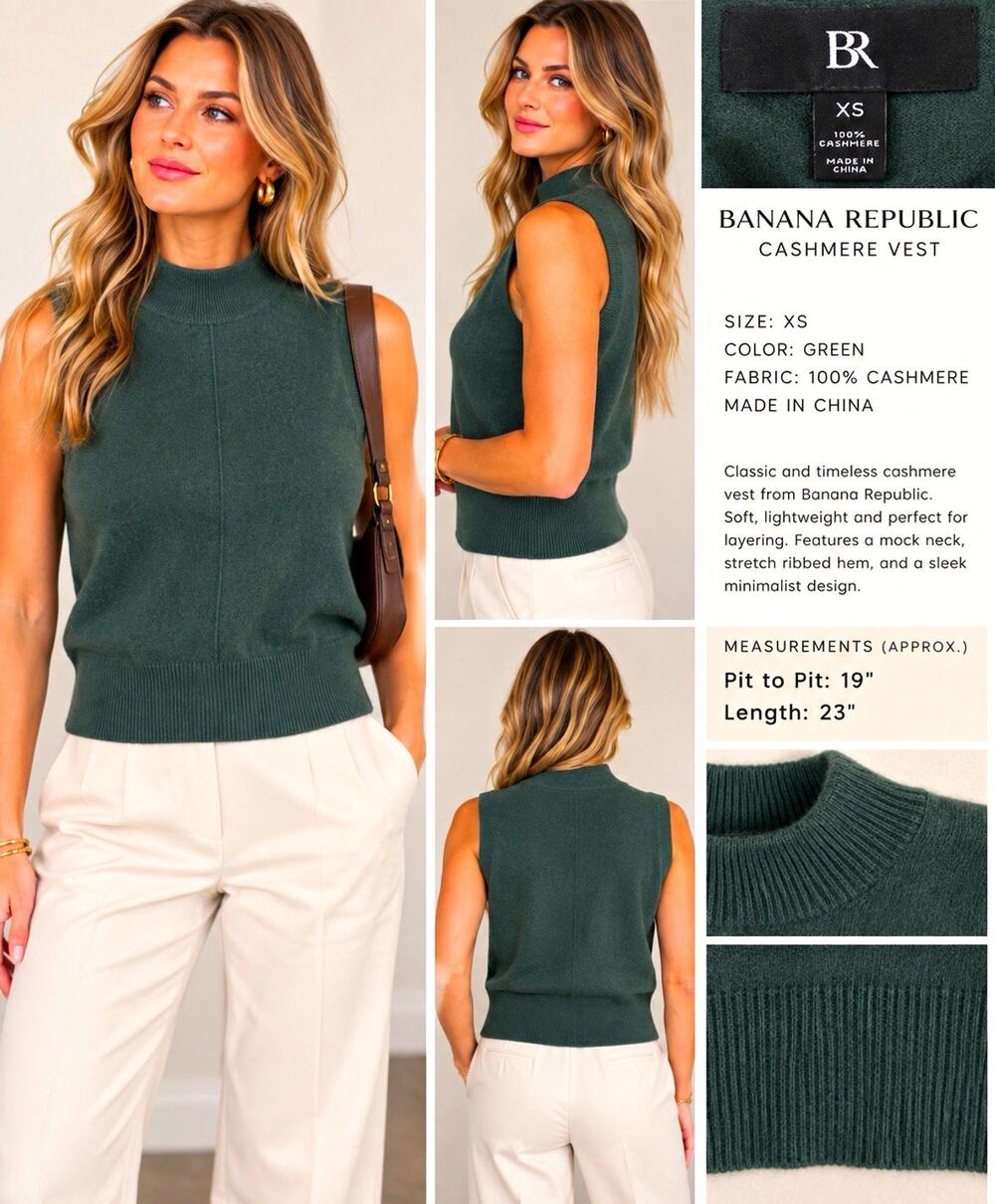 Banana Republic Women's 100% Cashmere Green Mock Neck Sweater Vest XS preppy